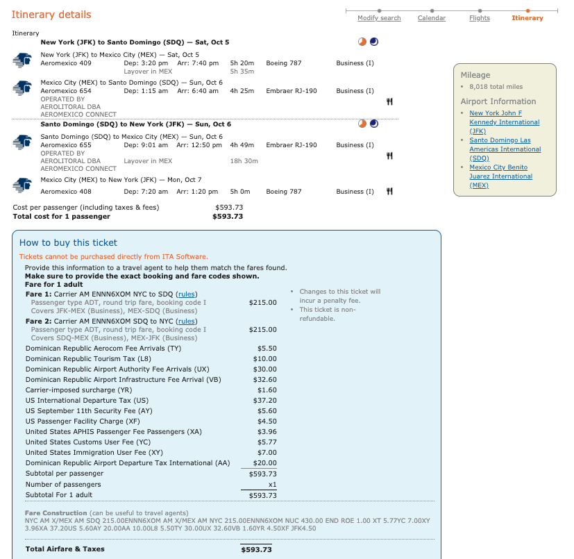 Sample Delta MQD run itinerary on Aeromexico from New York JFK to Santo Domingo (SDQ).