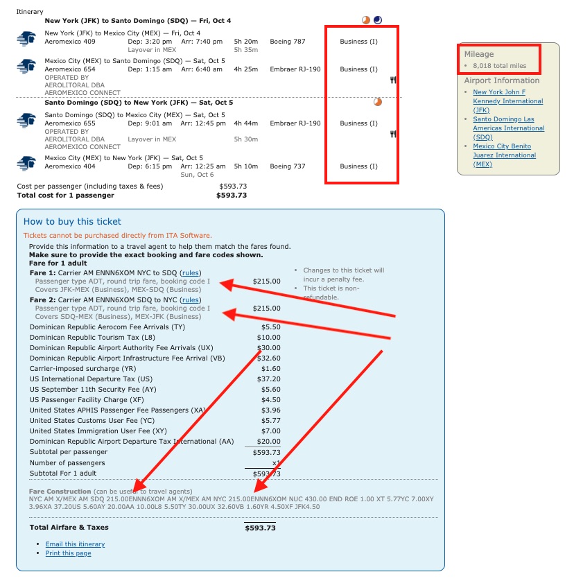 Sample Delta MQD run itinerary on Aeromexico from New York JFK to Santo Domingo (SDQ).