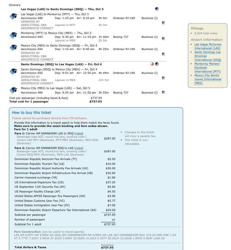 Sample Delta MQD run itinerary on Aeromexico from Chicago O'Hare to Santo Domingo (SDQ).