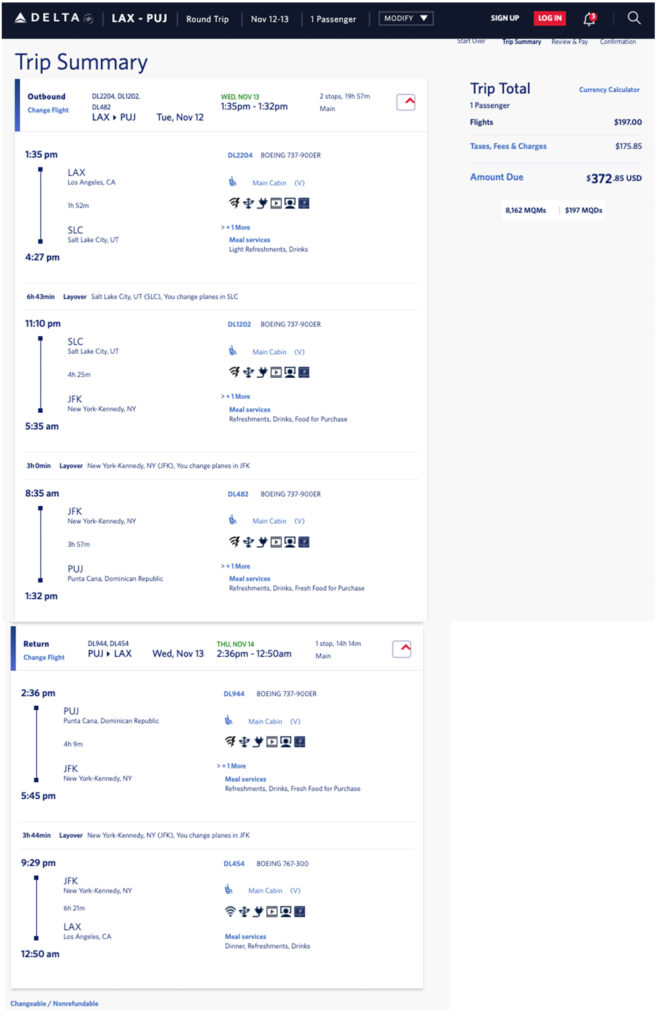 Delta Air Lines weeknight elite mileage run from LAX to PUJ in November 2019.