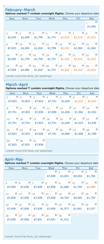 Calendar of Los Angeles (LAX) to Tel Aviv, Israel (TLV) trips on Virgin Atlantic.