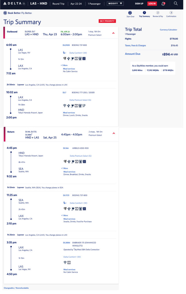 Las Vegas to Tokyo Haneda Delta Mileage Run in Premium Select -- April 2020.