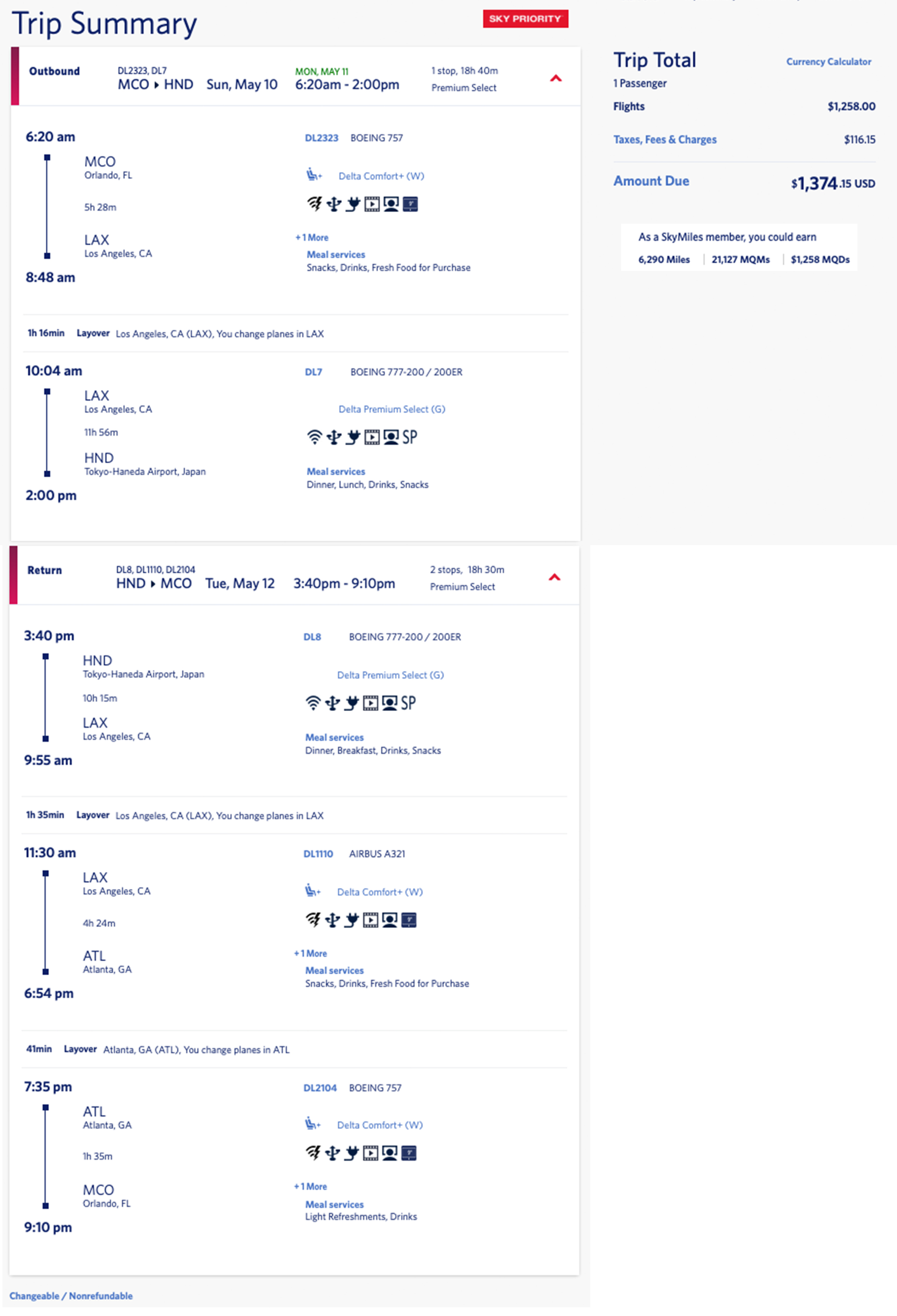 Delta Premium Select Mileage Run: Orlando to Tokyo Haneda — 21,127 MQM at 6.5 CPM