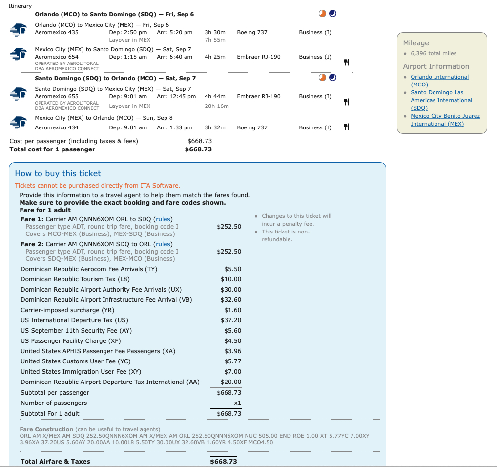 Sample Delta MQD run itinerary on Aeromexico from Orlando (MCO) to Santo Domingo (SDQ).