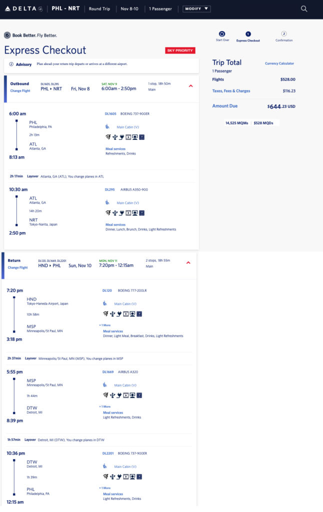 Delta weekend elite mileage run from Philadelphia to Tokyo -- returning through Minneapolis and Detroit.