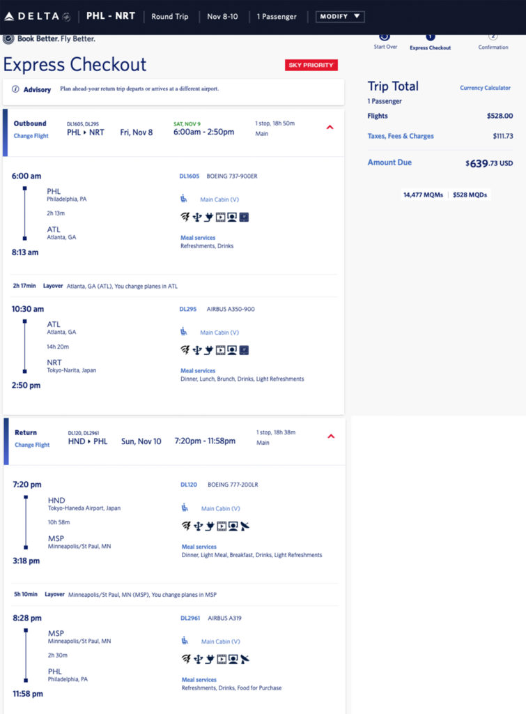 Delta weekend elite mileage run from Philadelphia to Tokyo -- returning through Minneapolis.