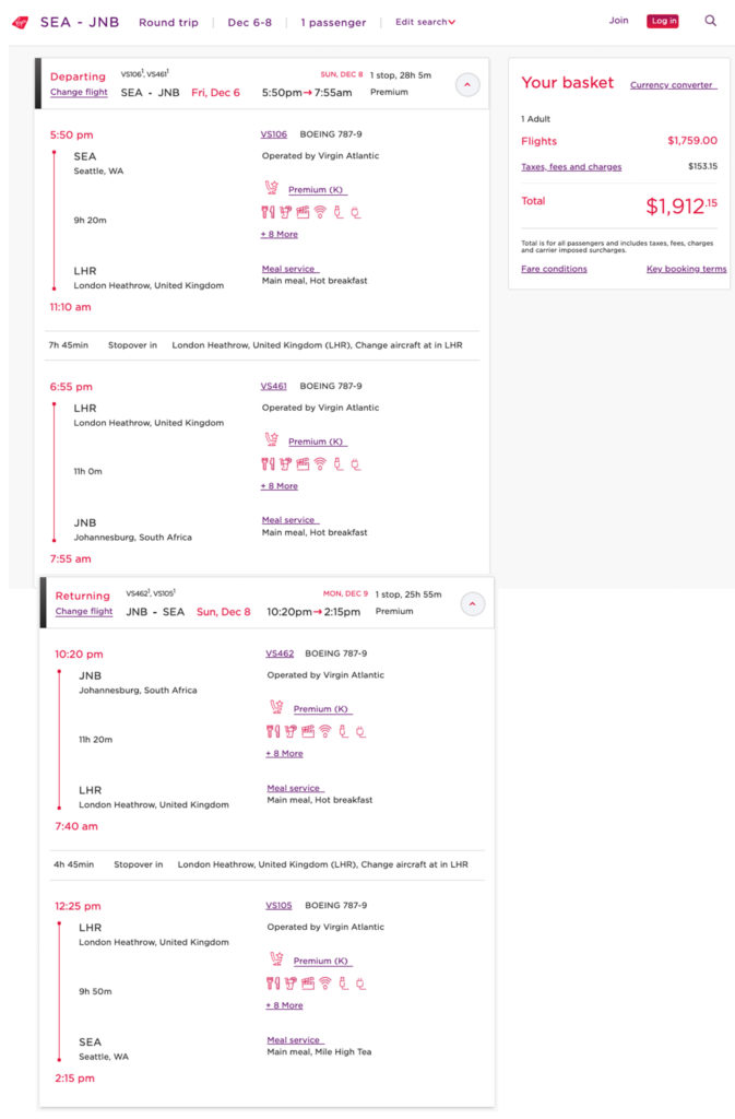 Delta MQD mileage run on Virgin Atlantic -- SEA to LHR to JNB in December 2019.