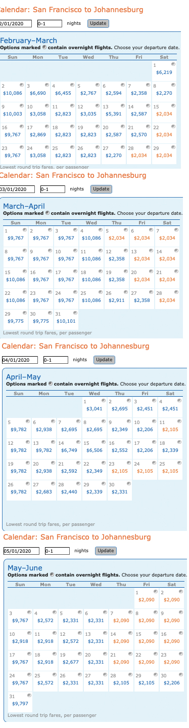 Dates for Virgin Atlantic mileage run in Premium Economy: SFO to JNB via LHR.
