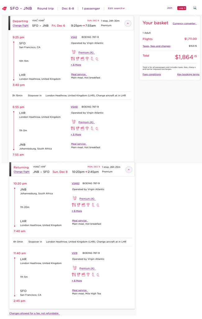 Delta MQD mileage run on Virgin Atlantic -- SFO to LHR to JNB in December 2019.