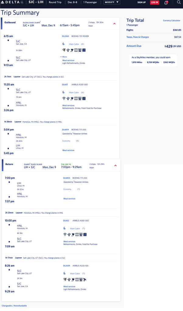 Delta mileage run from San Jose SJC to Lihue LIH