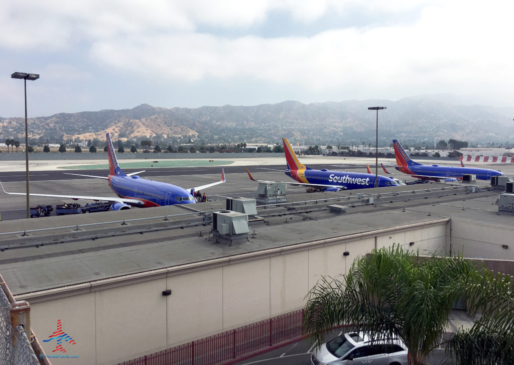 Southwest 737s are parked at gates at Hollywood Burbank Airport / Bob Hope Airport in Burbank, California. (BUR)