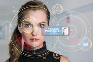 Biometrics concept. Facial Recognition System. Iris recognition.