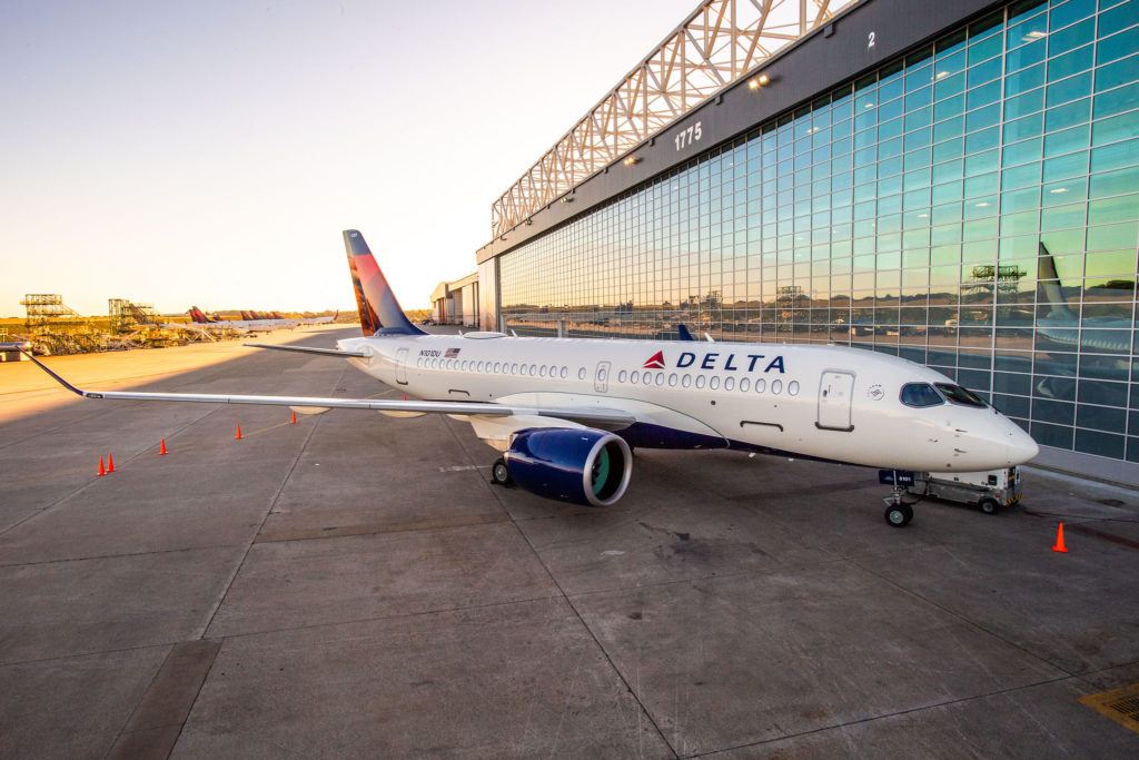 Delta Air Lines reveals their first A220 in Atlanta, Georgia at the TechOPS engine shop at Hartsfield Jackson International airport on Monday October 29,2018. (Chris Rank/Rank Studios 2018) via Delta News Hub/flickr