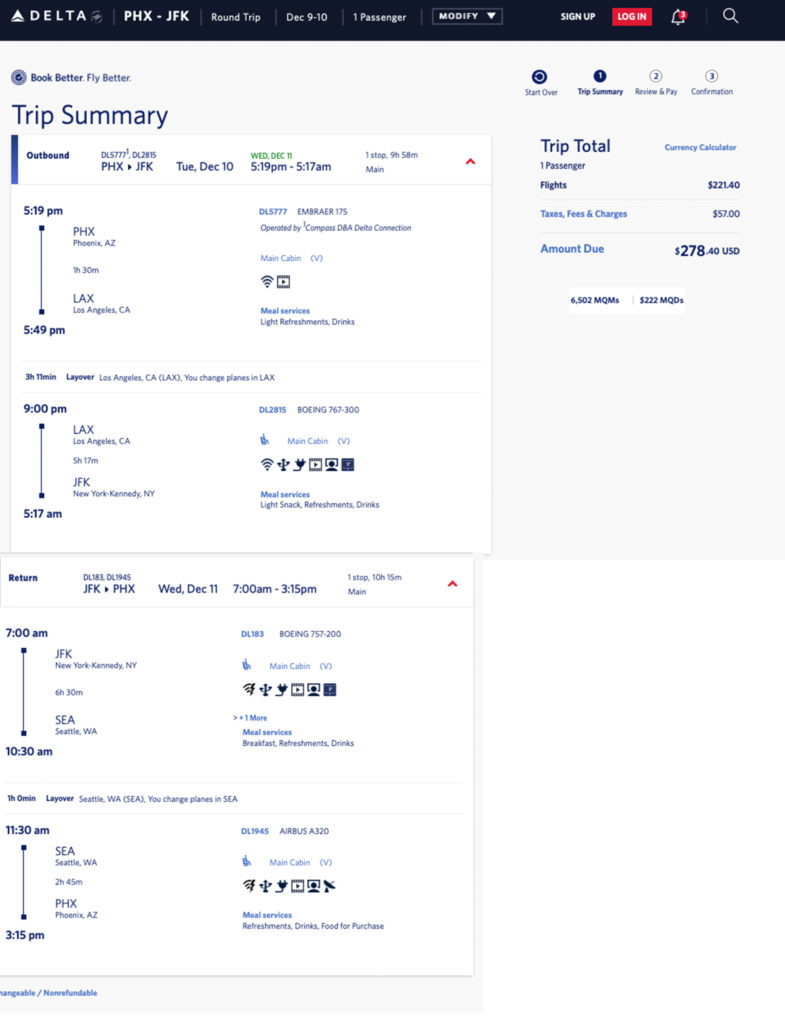 Delta Air Lines weeknight elite mileage run from PHX to JFK in December 2019.