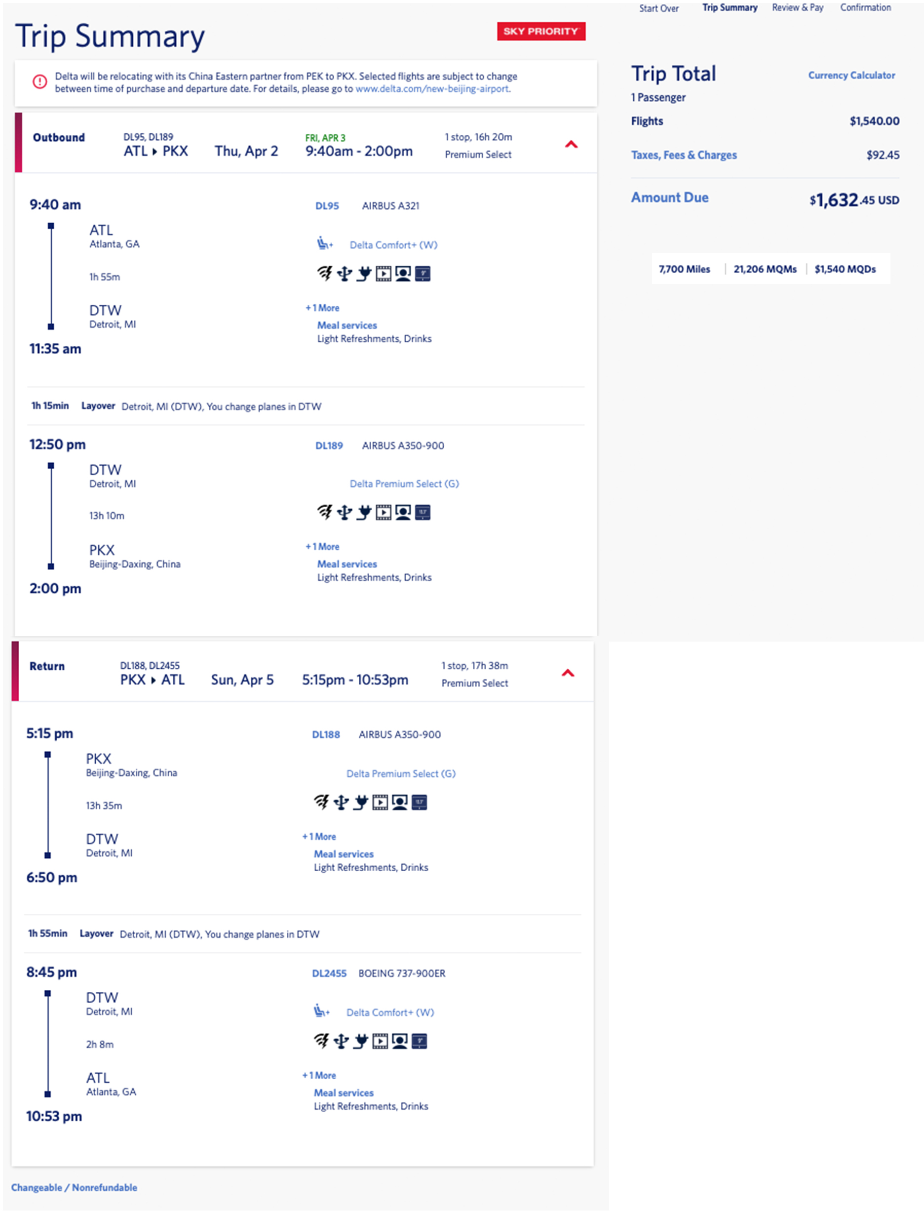 Atlanta to Beijing Delta mileage run in April 2020.
