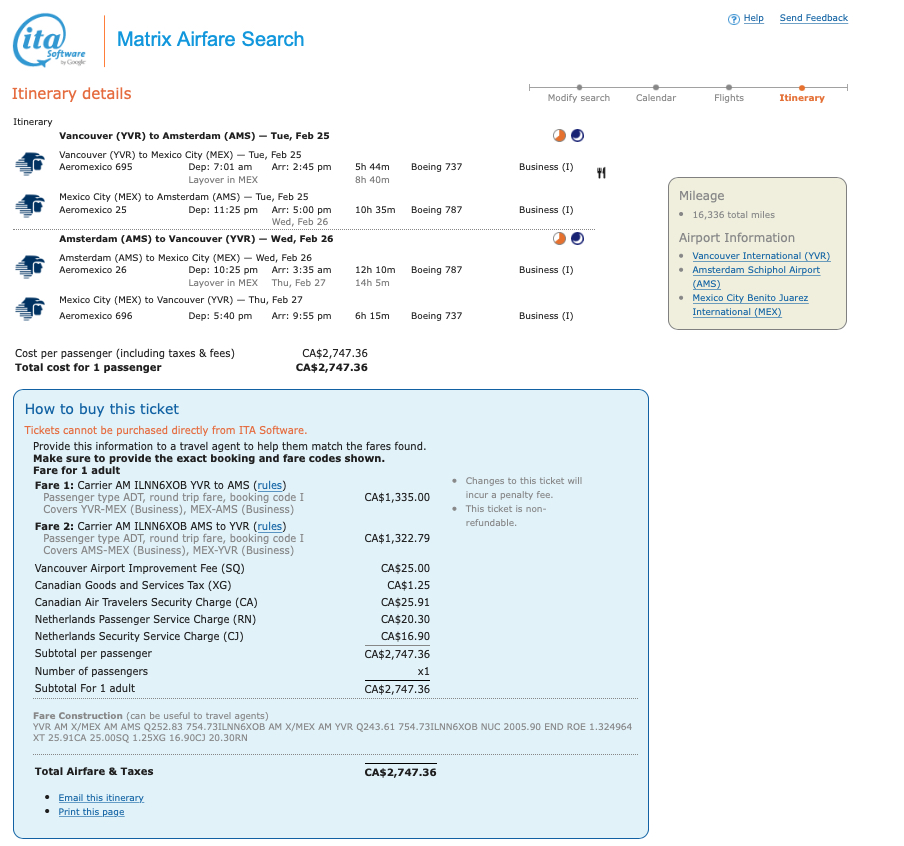 Vancouver to Amsterdam business class mileage run on AeroMexico. 