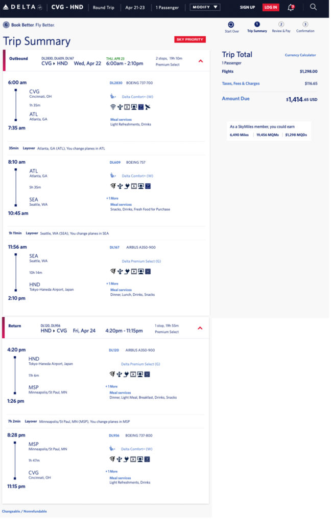 Delta mileage run from CVG to HND.