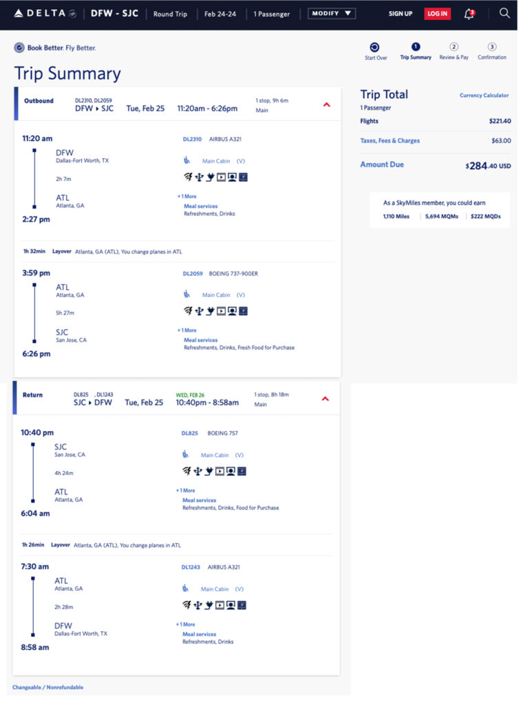 DFW to San Jose (SJC) Delta mileage run on February 25, 2020.