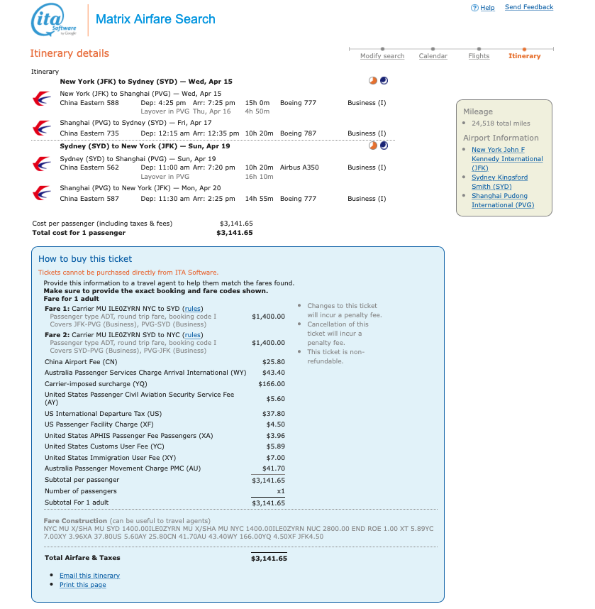 Depart JFK on April 15, return departure on April 19.