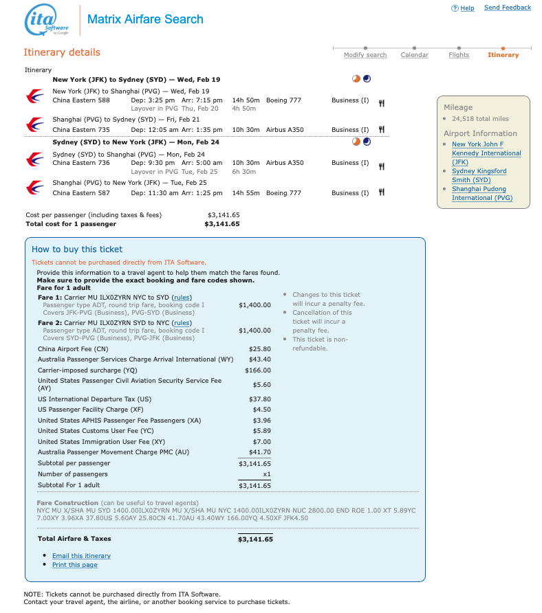 Depart JFK on February 19, return departure on February 24.