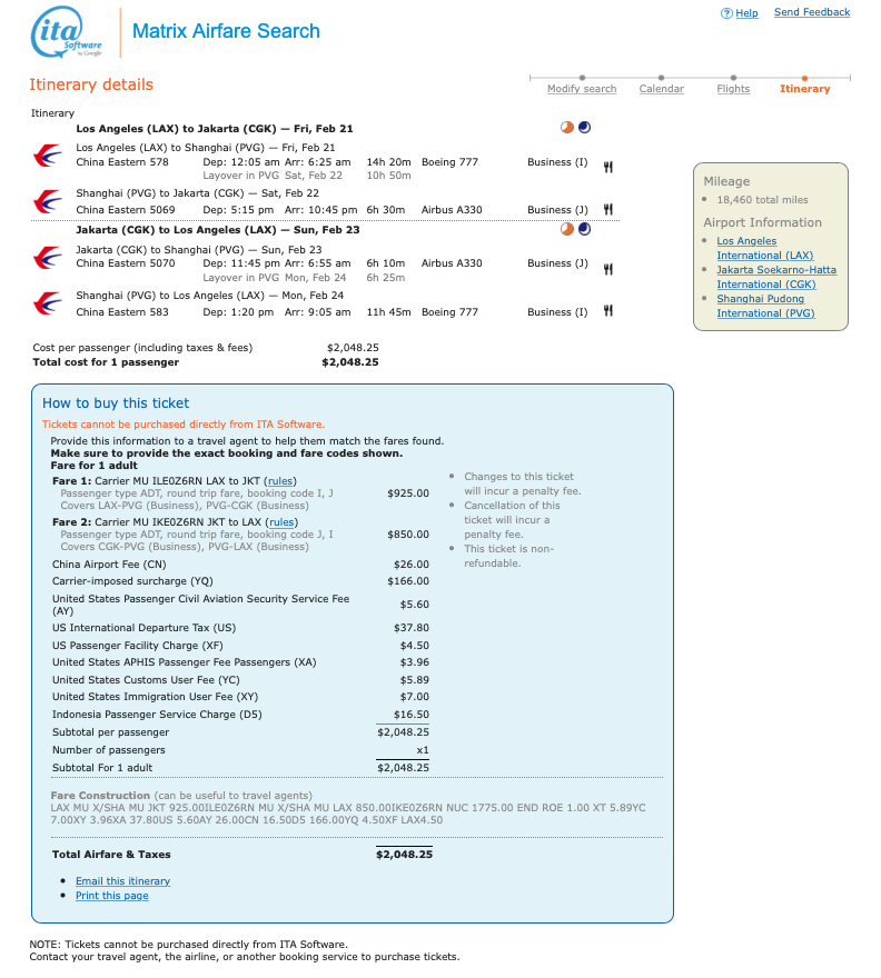 LAX to Jakarta mileage run in February 2020 (Click for a larger view)