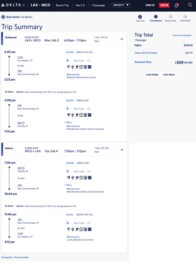 LAX to MCO (via JFK) Mileage Run on February 3