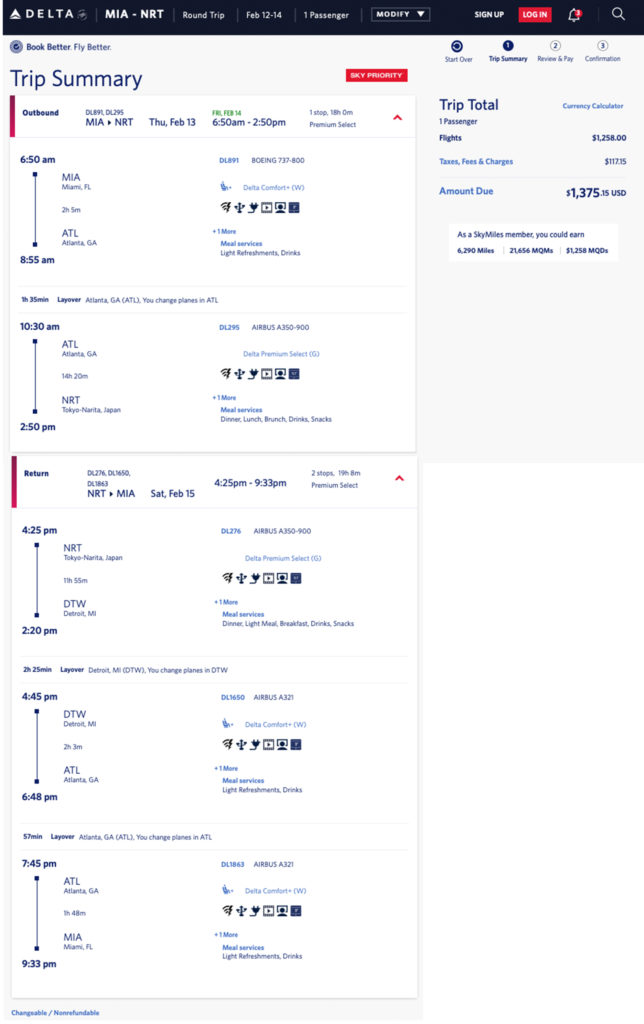 Miami to Tokyo Narita Delta mileage run in Premium Select -- February 2020.