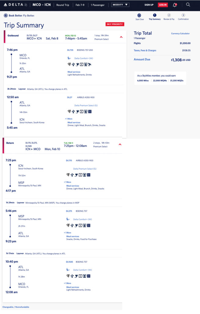 Delta Premium Select mileage run: Orlando to Seoul, South Korea in February 2020.