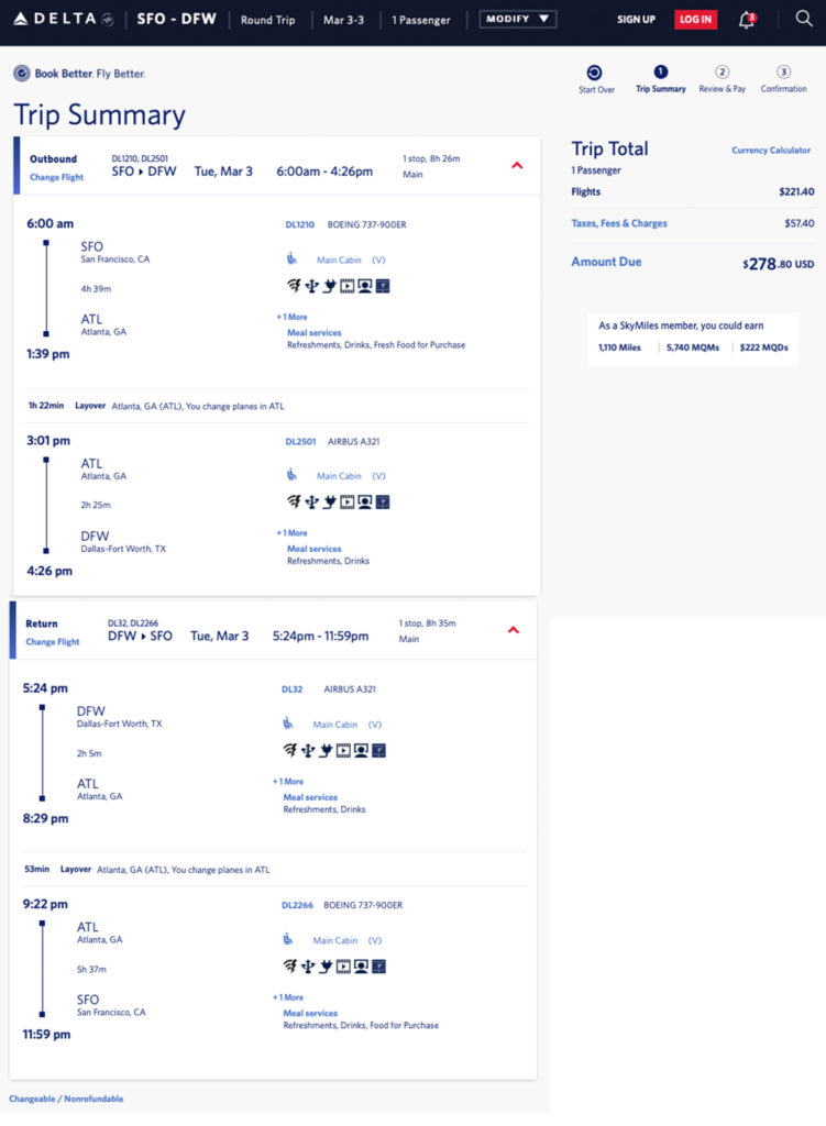 San Francisco to Dallas DFW Delta mileage run - March 2020.