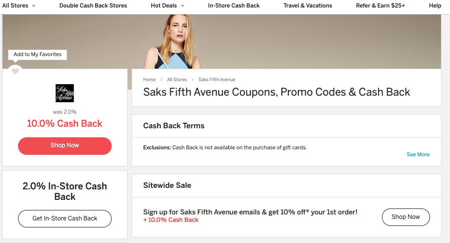 10% cashback at Saks Fifth Ave through Rakuten