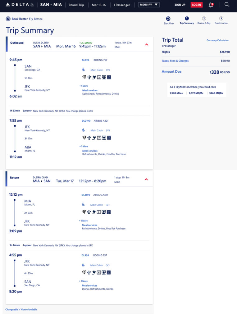 San Diego to Miami Delta mileage run on March 16-17, 2020.