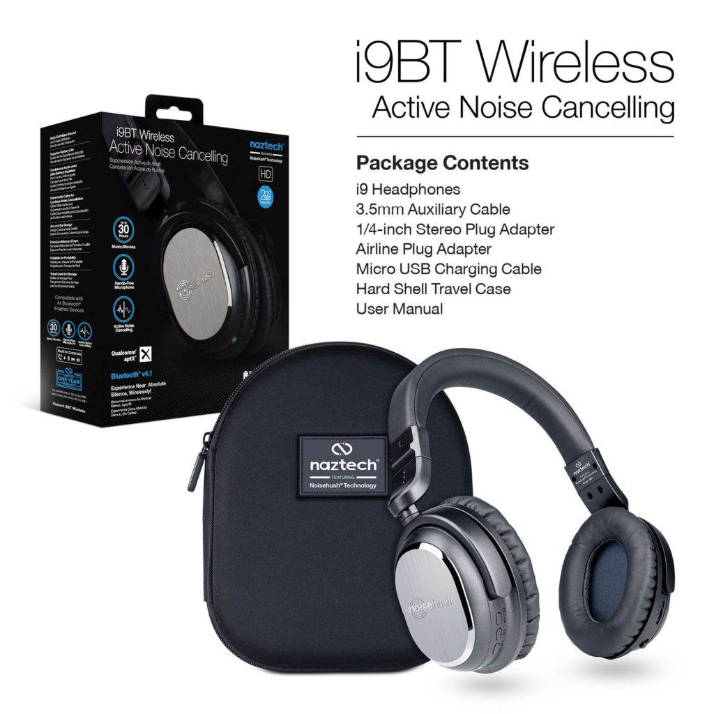 a black wireless headphones and a box