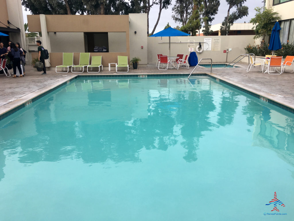 The pool and pool hut are seen at the Holiday Inn & Suites Anaheim hotel near Disneyland in Anaheim, California.