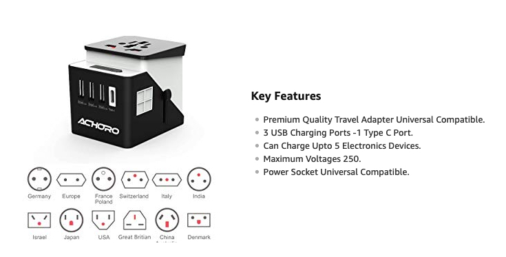 Key features of the Achoro Travel Adapter with 3 USB Port and One C-Type Port, International Travel Adapter, Portable Travel Adapter, Wall Adapter - 3 USB 1 Type C - Supports 150 Countries