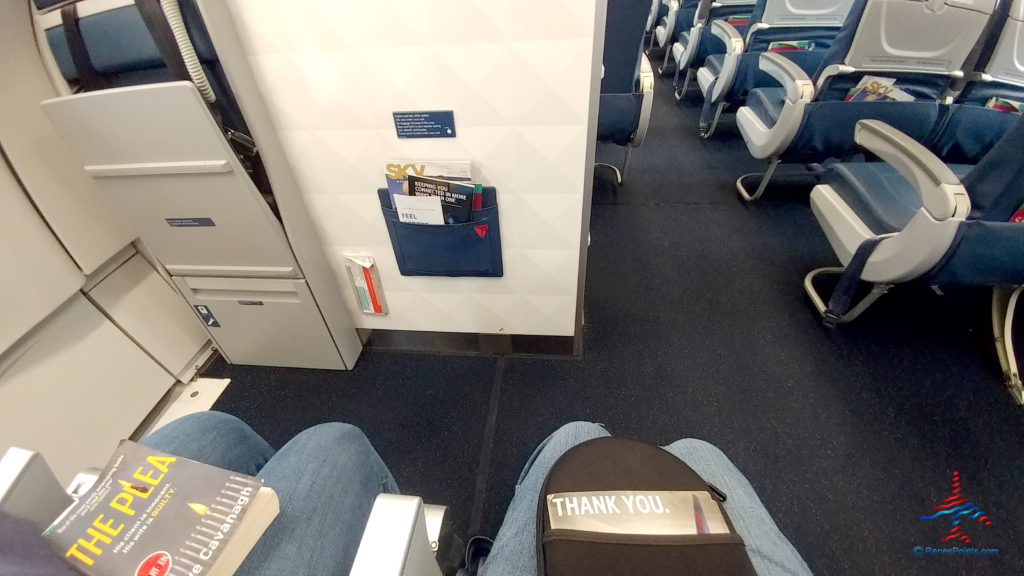 A view of legroom from seats 26B and 26C in the exit row is seen on a Delta Air Lines Airbus A321.