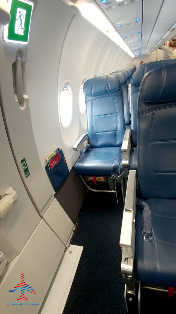 A view of legroom from seat 27F is seen on a Delta Air Lines Airbus A321.