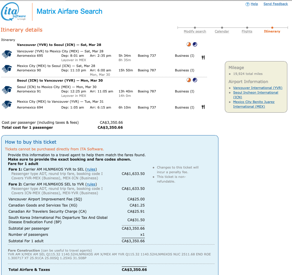 Example itinerary of a Vancouver to Seoul business class mileage run on AeroMexico for Delta MQD.