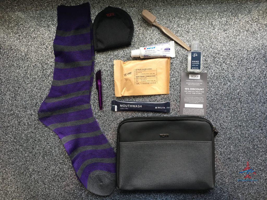 Contents of a Delta One Tumi Amenity kit.