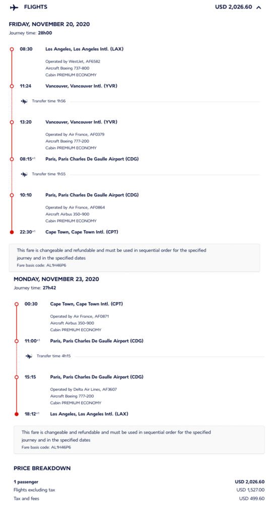 Air France mileage run from Los Angeles (LAX) to Cape Town, South Africa (CPT) in November 2020.