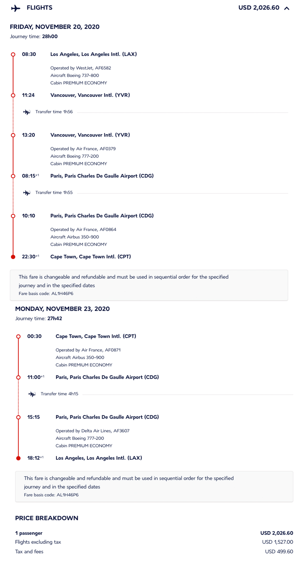 Air France mileage run from Los Angeles (LAX) to Cape Town, South Africa (CPT) in November 2020.