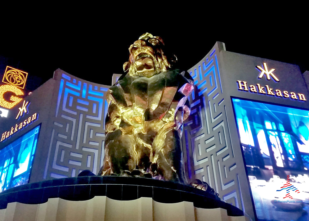 Leo the Lion is seen near a sign for Hakkasan night club outside the MGM Grand (an MGM Resorts property) in Paradise, Nevada, which is adjacent to Las Vegas.