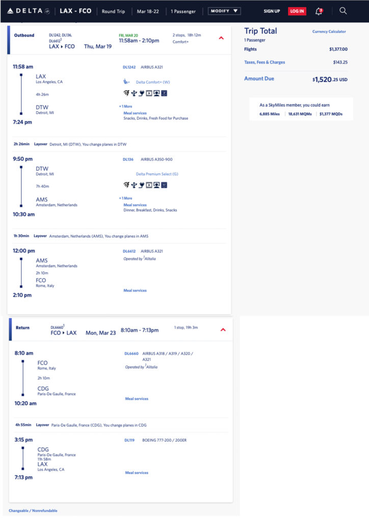 LAX to Rome Delta weekend mileage run itinerary