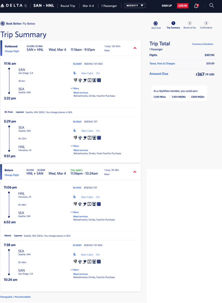 San Diego to Honolulu, Hawaii (via Seattle) Delta mileage run on March 4, 2020.