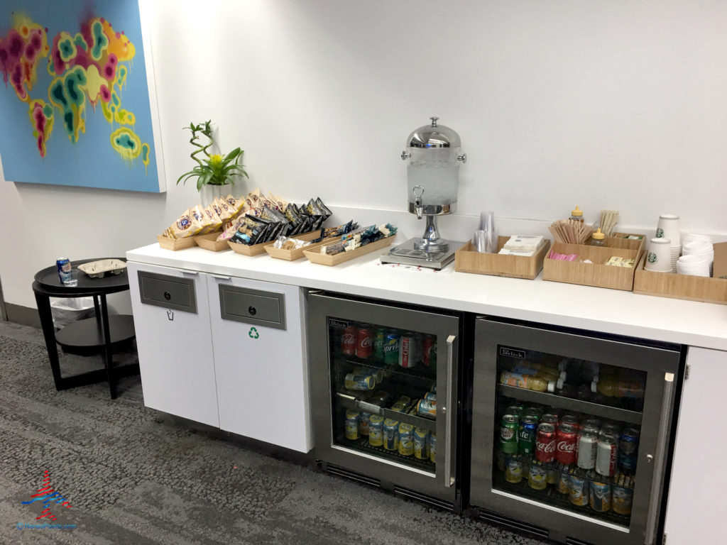 Snacks and drinks are seen at the Delta One check-in lounge in Terminal 2 at Los Angeles International Airport (LAX).