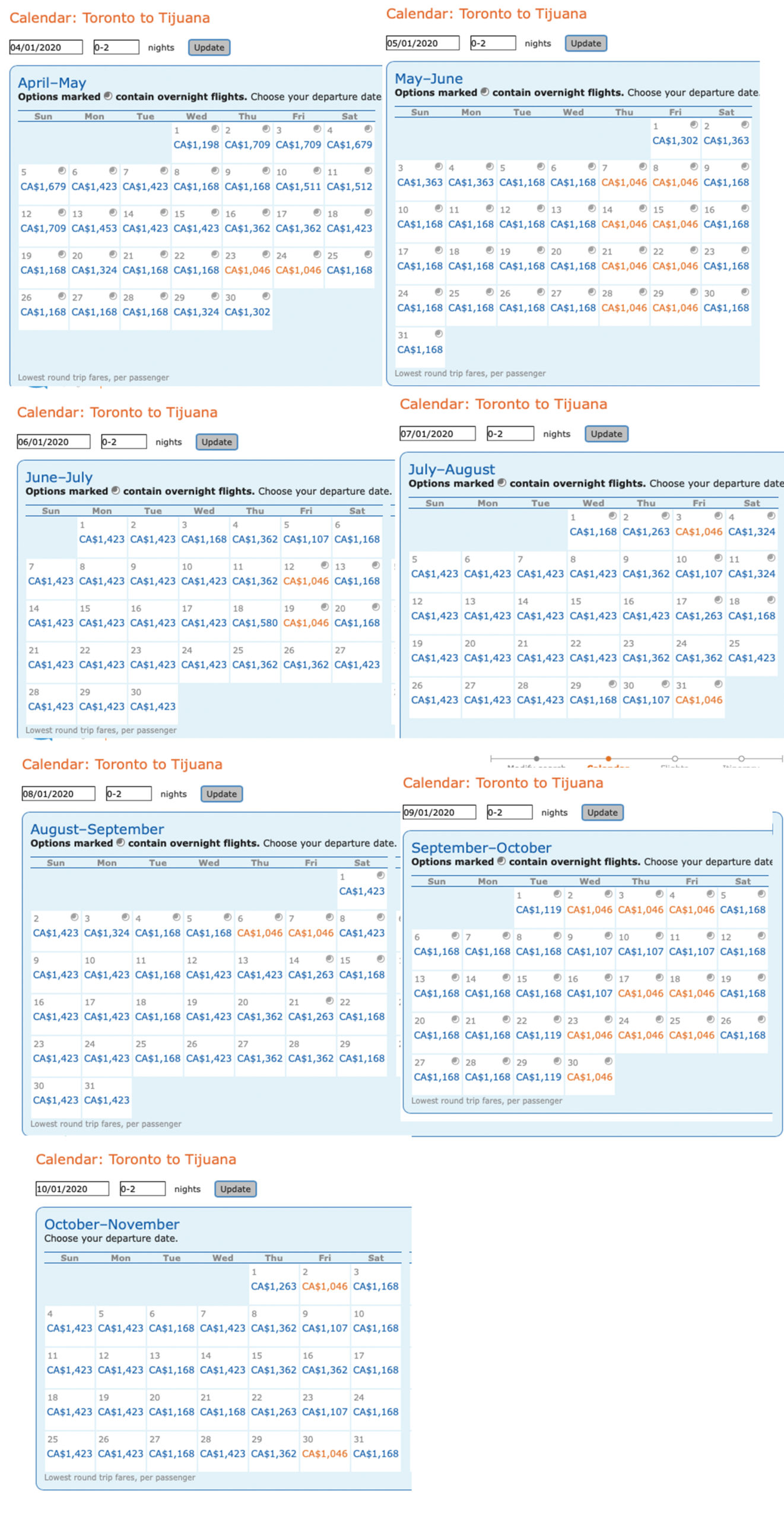 Toronto to Tijuana Aeromexico business class mileage run calendar -- 2020.
