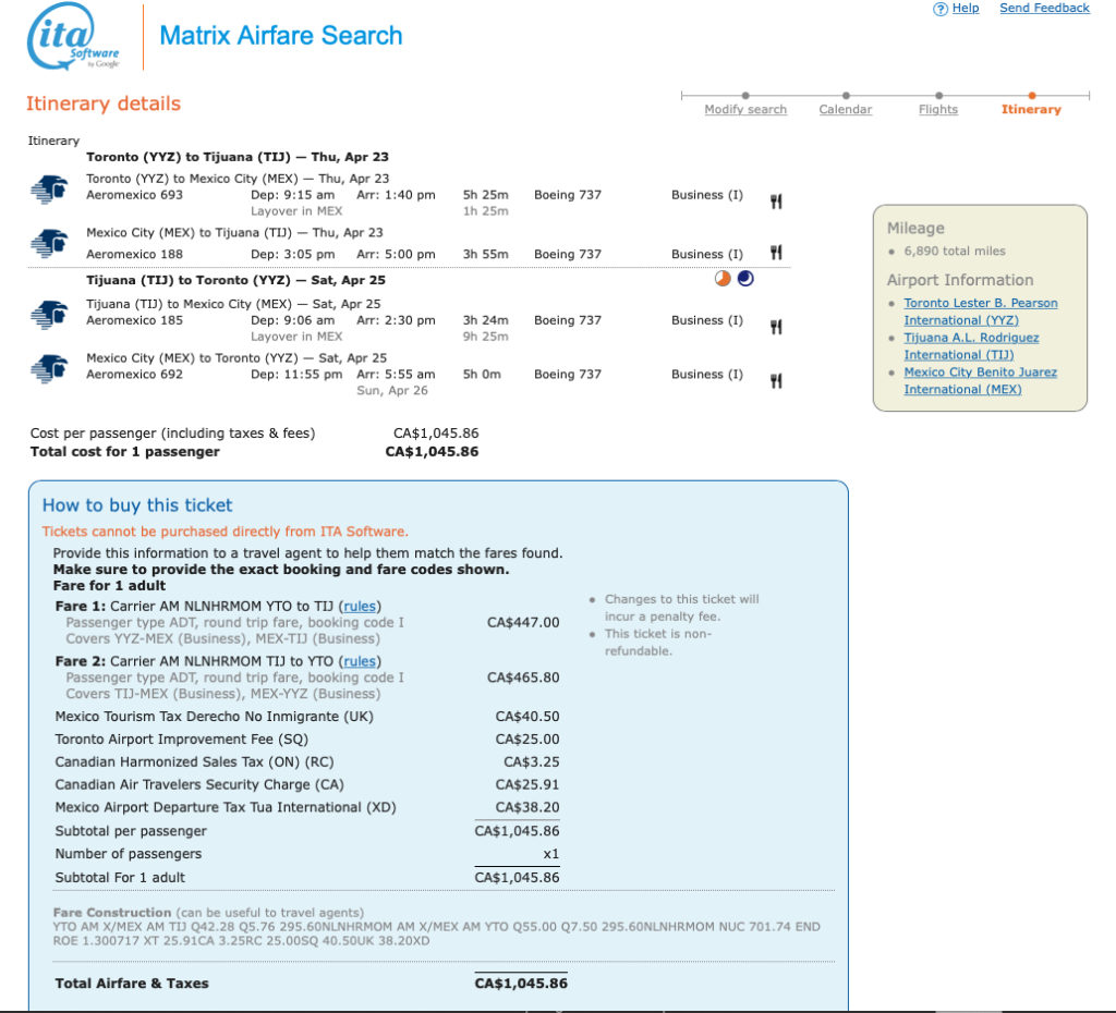 Toronto to Tijuana Aeromexico business class mileage run itinerary.