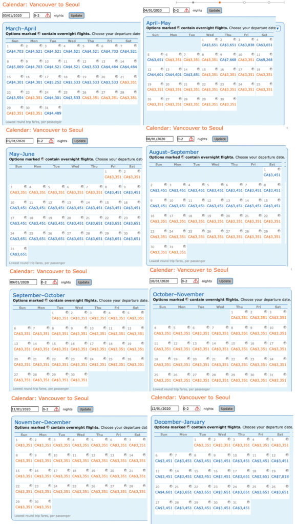 2020 dates for a Vancouver to Seoul business class mileage run on AeroMexico for Delta MQD.