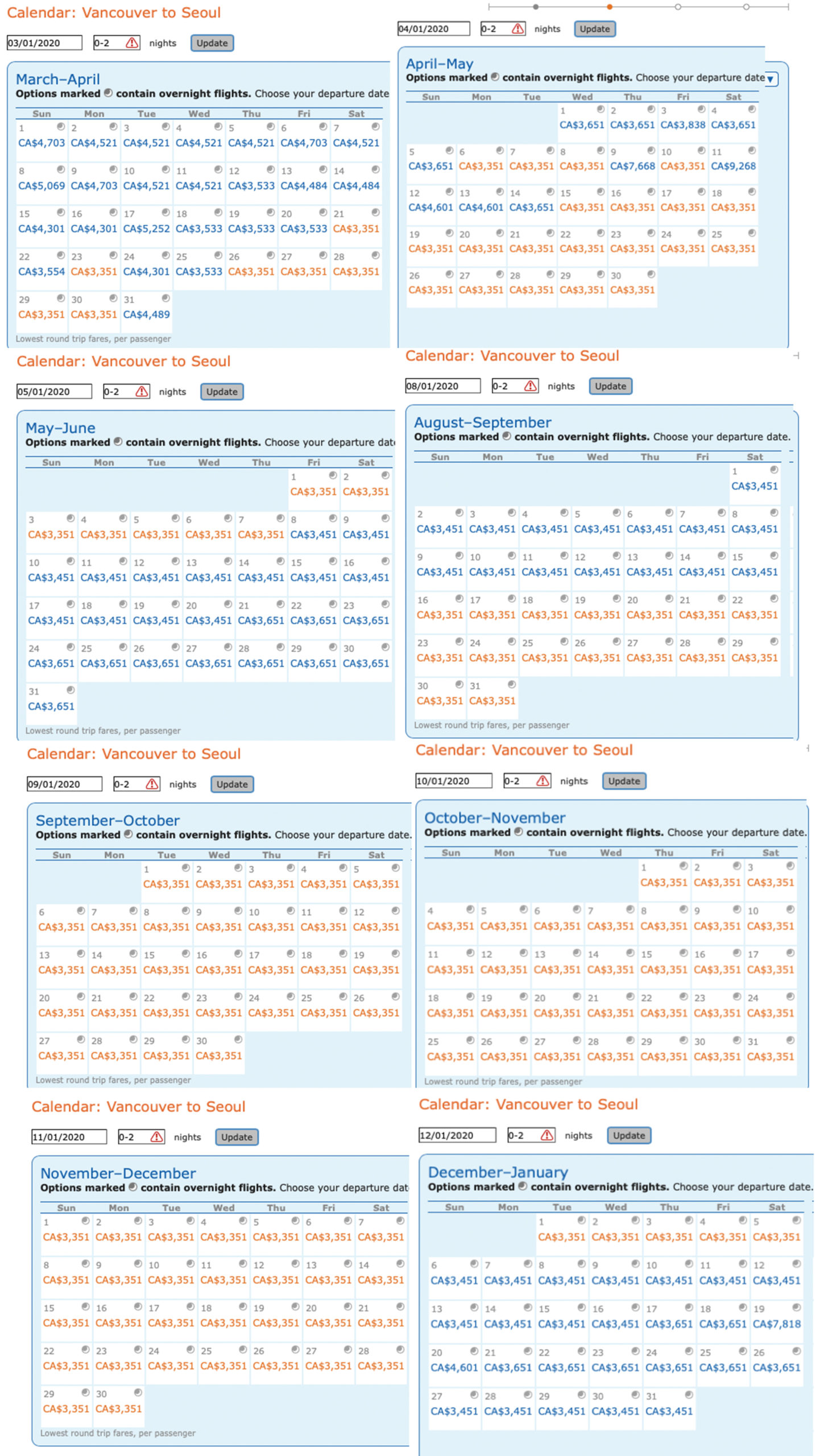 2020 dates for a Vancouver to Seoul business class mileage run on AeroMexico for Delta MQD.