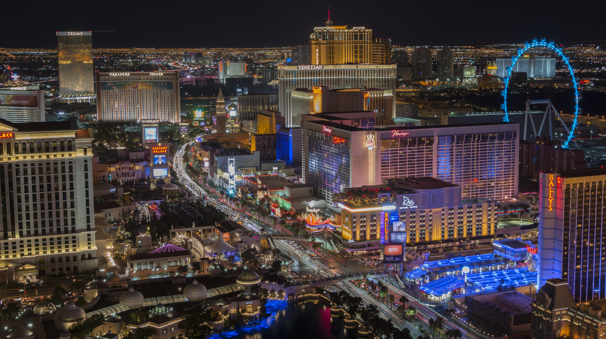 A picture of the Las Vegas strip at night taken from a high vantage point. The view is north along the mid-strip area on December 23, 2015.