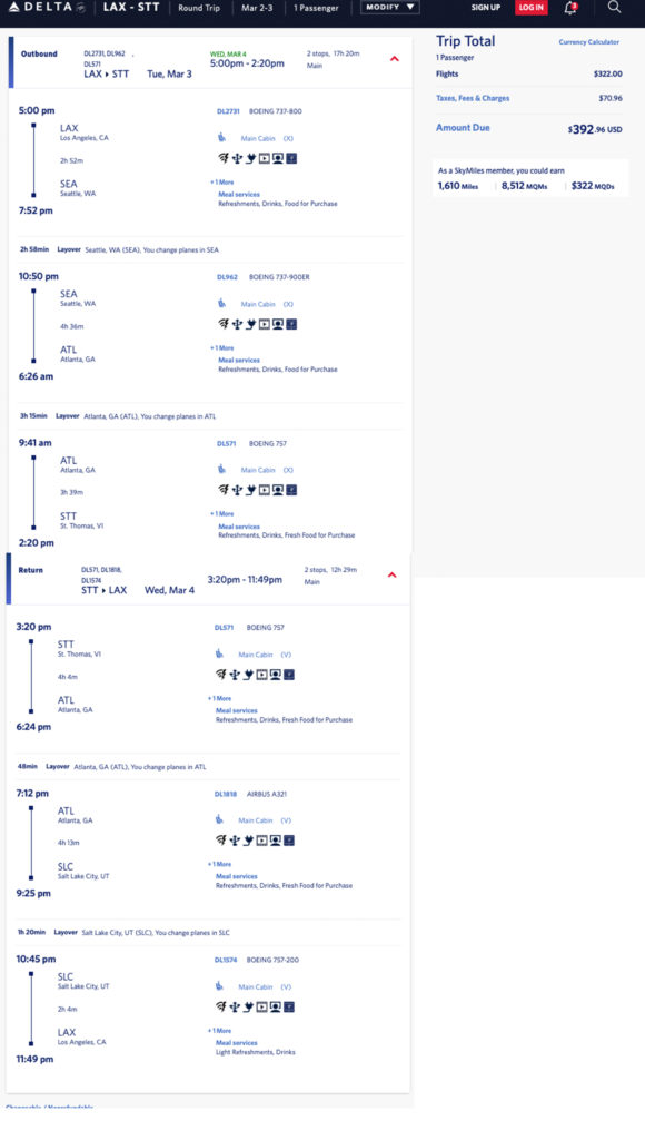 Delta mileage run from Los Angeles to St. Thomas.